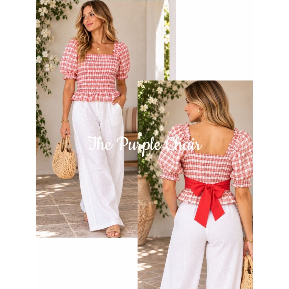English Factory Gingham Smocked Peplum Top NWT Red White Puff Sleeve Cottagecore